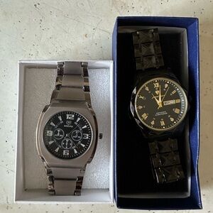 Pair of Men's Black Dial Wrist Watches - Silver & Black Bands
